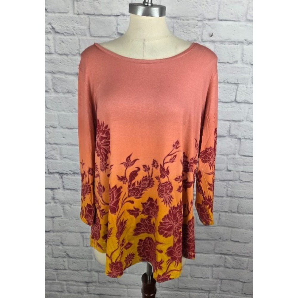 JM Collection Plus Size Printed 3/4-Sleeve Top Burnt Brick Combo Size 1X Floral